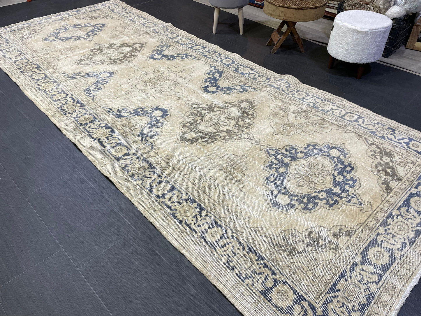 Muted Oushak Runner Rug, Muted Vintage 4.8 x 11.7 Runner Rug, Hallway Runner Rug, Kitchen Runner Rug Wool Runner Rug, Handmade Runner Rug