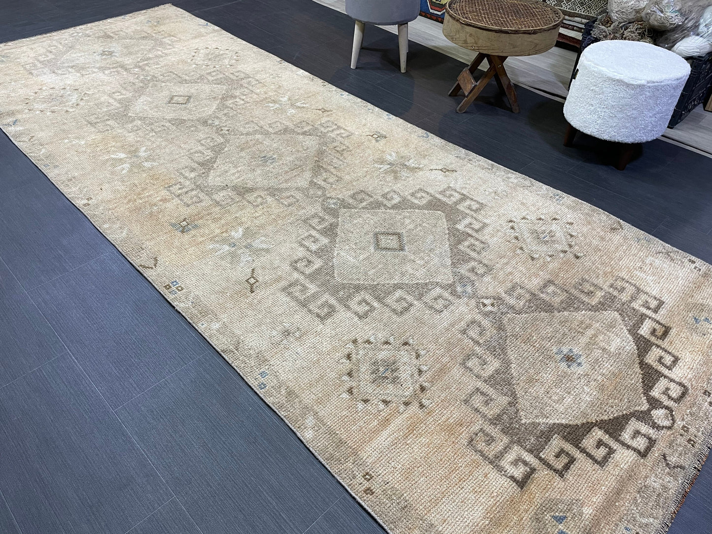 Muted Oushak Runner Rug, Muted Vintage 4.2 x 10.9 Runner Rug, Hallway Runner Rug, Kitchen Runner Rug Wool Runner Rug, Handmade Runner Rug