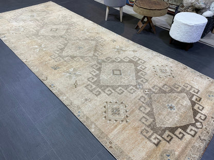 Muted Oushak Runner Rug, Muted Vintage 4.2 x 10.9 Runner Rug, Hallway Runner Rug, Kitchen Runner Rug Wool Runner Rug, Handmade Runner Rug