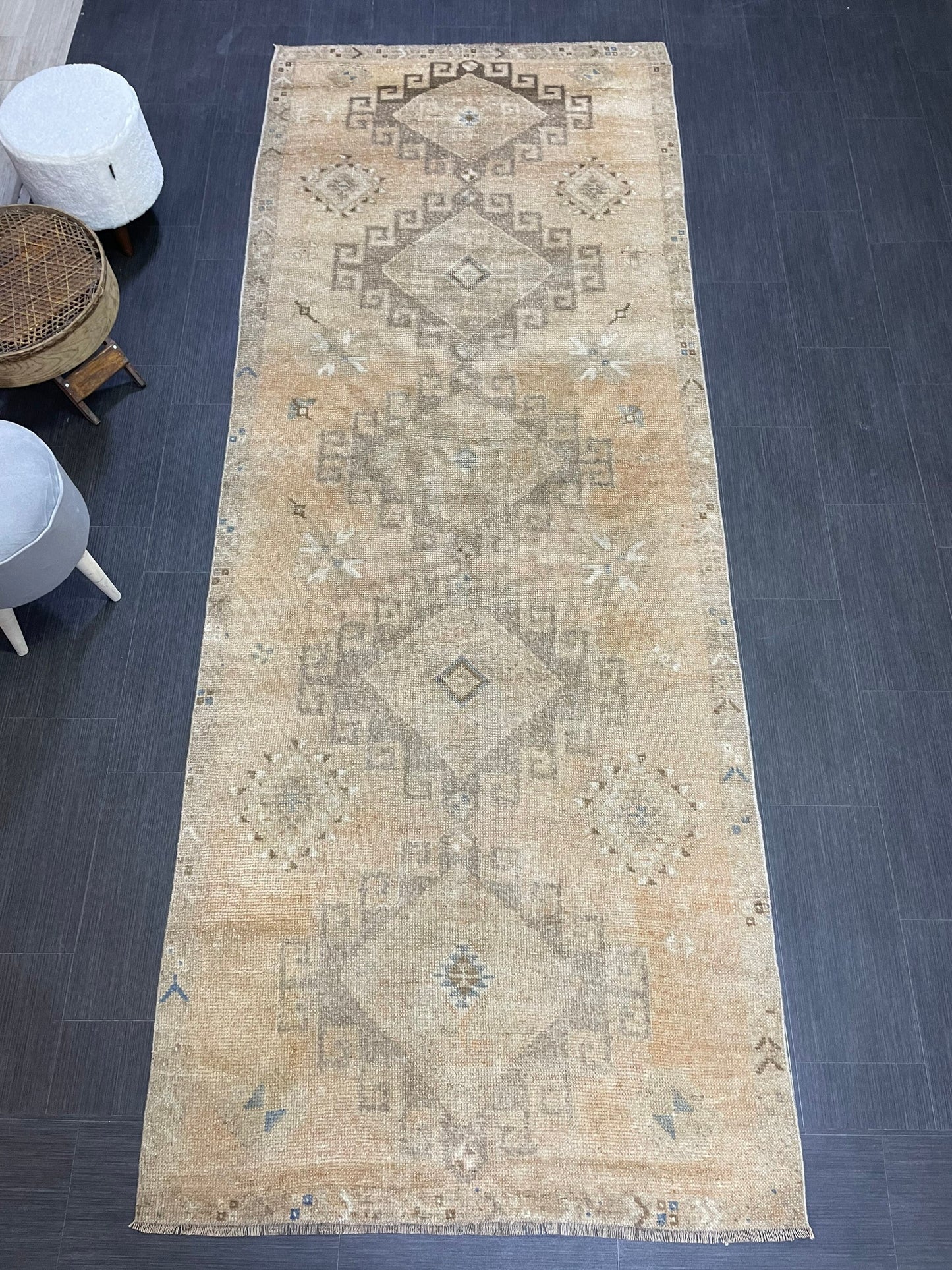 Muted Oushak Runner Rug, Muted Vintage 4.2 x 10.9 Runner Rug, Hallway Runner Rug, Kitchen Runner Rug Wool Runner Rug, Handmade Runner Rug