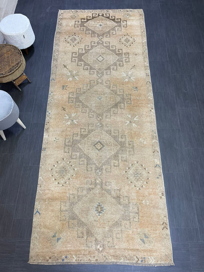 Muted Oushak Runner Rug, Muted Vintage 4.2 x 10.9 Runner Rug, Hallway Runner Rug, Kitchen Runner Rug Wool Runner Rug, Handmade Runner Rug