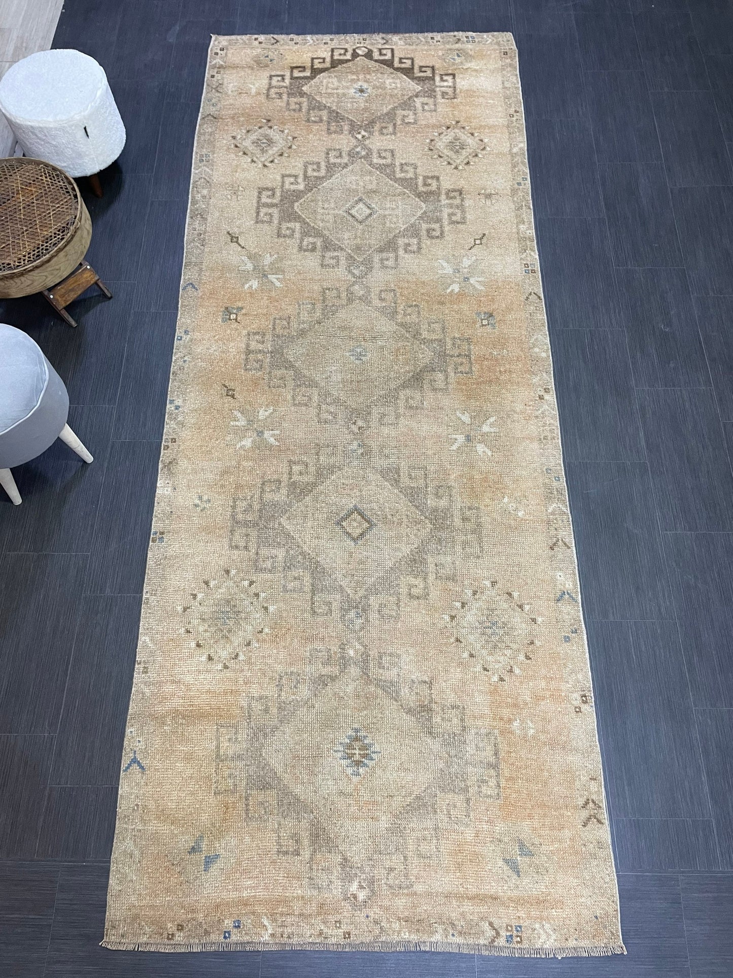 Muted Oushak Runner Rug, Muted Vintage 4.2 x 10.9 Runner Rug, Hallway Runner Rug, Kitchen Runner Rug Wool Runner Rug, Handmade Runner Rug