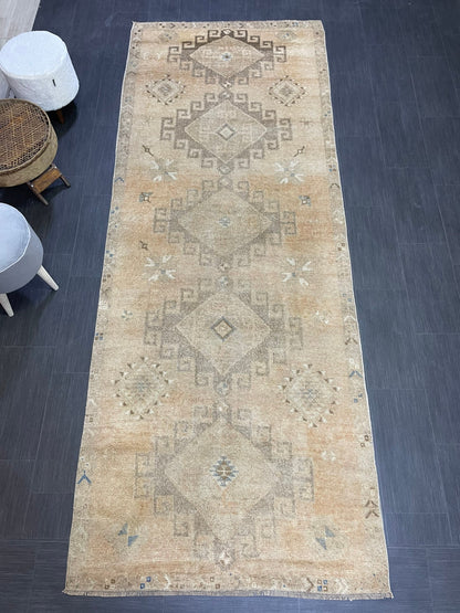 Muted Oushak Runner Rug, Muted Vintage 4.2 x 10.9 Runner Rug, Hallway Runner Rug, Kitchen Runner Rug Wool Runner Rug, Handmade Runner Rug