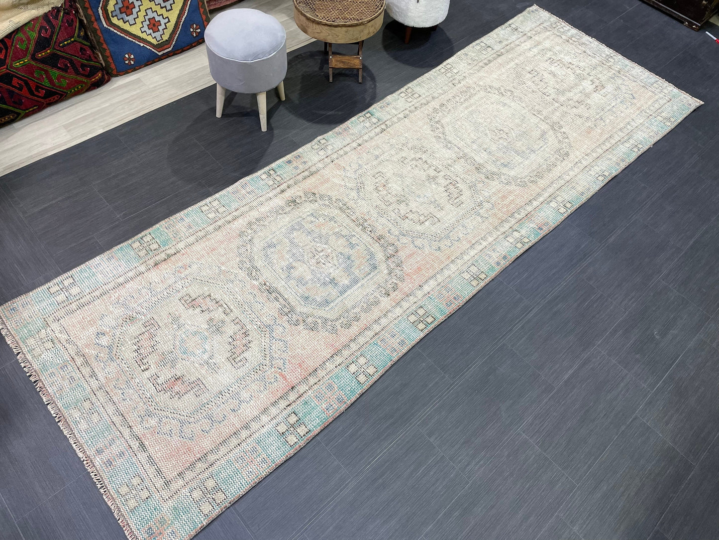 Antique Oushak Runner Rug, Muted Vintage 3.10 x 11.3 Runner Rug, Hallway Runner Rug, Distressed Runner Rug, Wool Runner Rug, Handmade Runner