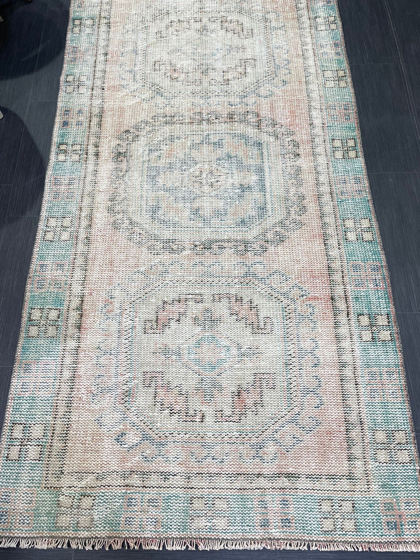 Antique Oushak Runner Rug, Muted Vintage 3.10 x 11.3 Runner Rug, Hallway Runner Rug, Distressed Runner Rug, Wool Runner Rug, Handmade Runner