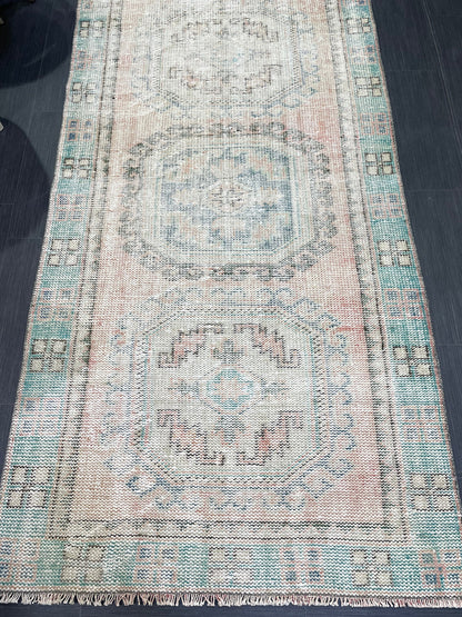 Antique Oushak Runner Rug, Muted Vintage 3.10 x 11.3 Runner Rug, Hallway Runner Rug, Distressed Runner Rug, Wool Runner Rug, Handmade Runner