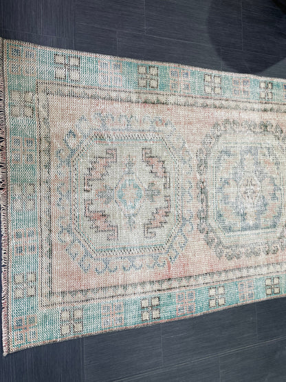 Antique Oushak Runner Rug, Muted Vintage 3.10 x 11.3 Runner Rug, Hallway Runner Rug, Distressed Runner Rug, Wool Runner Rug, Handmade Runner