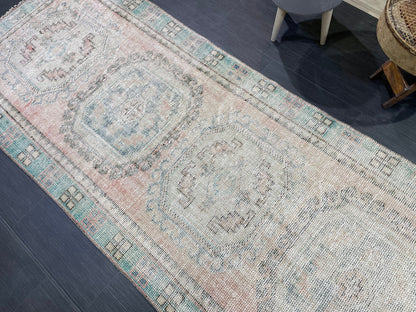 Antique Oushak Runner Rug, Muted Vintage 3.10 x 11.3 Runner Rug, Hallway Runner Rug, Distressed Runner Rug, Wool Runner Rug, Handmade Runner