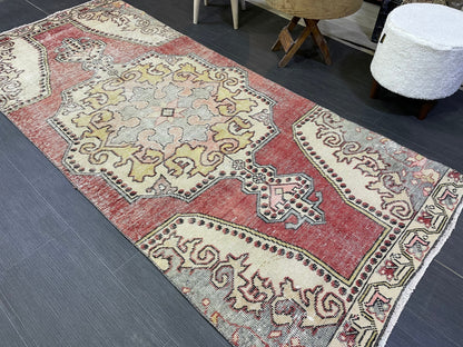 Turkish Rug, 3.3 x 7.7 Vintage Rug,Handmade Oushak Rug, Farmhouse Rug, Wool Hand Knotted Rug, Traditional Rug, Vintage Turkish Rug