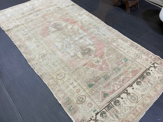 Vintage Turkish RUG, Muted Oushak Rug, 3 x 5.8 Vintage Rug, Antique Rug, Handmade Rug, Hand Knotted Rug Bohemian Rug Wool Rug