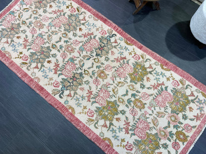 Hand Knotted Rug, Vintage Rug, Handmade 3.2 x 7.2 Rug, Oushak Rug, Rustic Rug, Fun Turkish Rug, Persian Rug, Soft Wool Rug