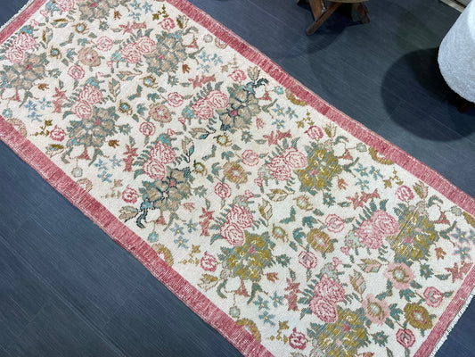 Hand Knotted Rug, Vintage Rug, Handmade 3.2 x 7.2 Rug, Oushak Rug, Rustic Rug, Fun Turkish Rug, Persian Rug, Soft Wool Rug