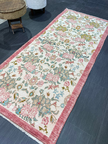 Hand Knotted Rug, Vintage Rug, Handmade 3.2 x 7.2 Rug, Oushak Rug, Rustic Rug, Fun Turkish Rug, Persian Rug, Soft Wool Rug
