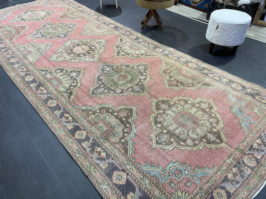 Vintage Runner rug, Persian 5 x 12.6  Runner RUG, TURKISH Runner, Pink Runner Rug, Turkish Oushak Rug, Wool Runner Rugs, Handmade Runner