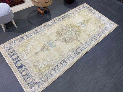 Muted Vintage RUG, muted Turkish Oushak Rug, Antique 3.8 x 8 Rug, Distressed Vintage Wool Rug, Handmade Rug, Hand Knotted Turkish Rug