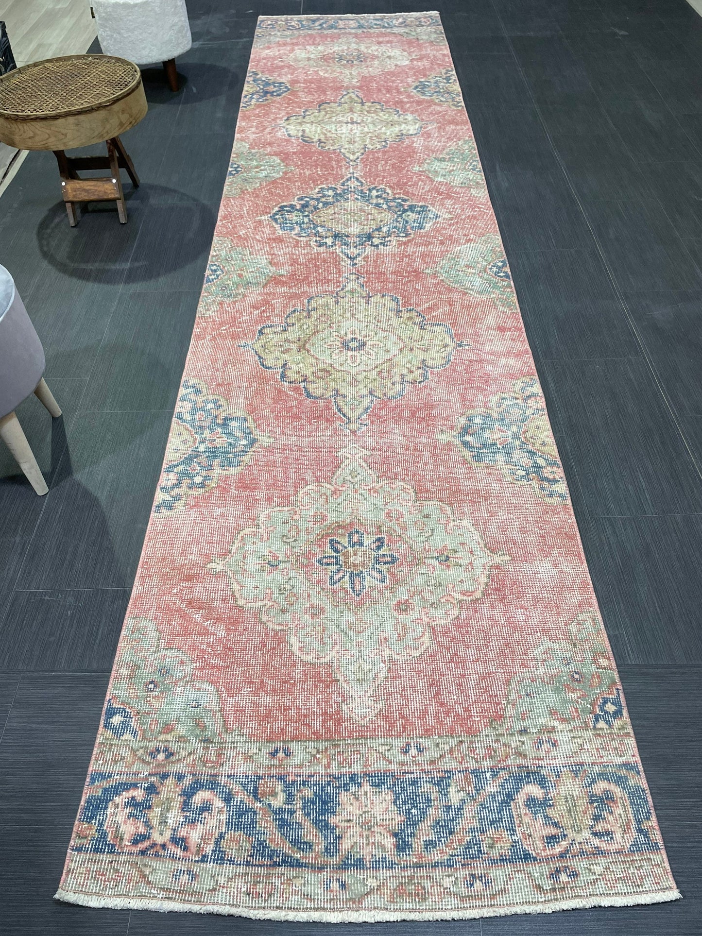 Muted Hand Knotted Runner Rug, Handmade Runner 2.11 x 12.5 Rug, WOOL Oushak Runner Rug, Rustic Rug Runner, Turkish Runner, Vintage Runner