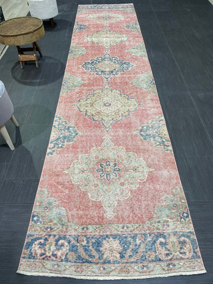 Muted Hand Knotted Runner Rug, Handmade Runner 2.11 x 12.5 Rug, WOOL Oushak Runner Rug, Rustic Rug Runner, Turkish Runner, Vintage Runner