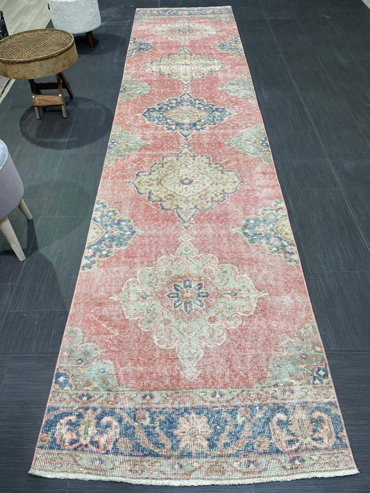 Muted Hand Knotted Runner Rug, Handmade Runner 2.11 x 12.5 Rug, WOOL Oushak Runner Rug, Rustic Rug Runner, Turkish Runner, Vintage Runner