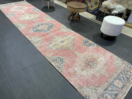 Muted Hand Knotted Runner Rug, Handmade Runner 2.11 x 12.5 Rug, WOOL Oushak Runner Rug, Rustic Rug Runner, Turkish Runner, Vintage Runner