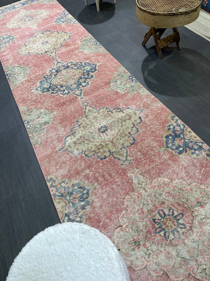 Muted Hand Knotted Runner Rug, Handmade Runner 2.11 x 12.5 Rug, WOOL Oushak Runner Rug, Rustic Rug Runner, Turkish Runner, Vintage Runner