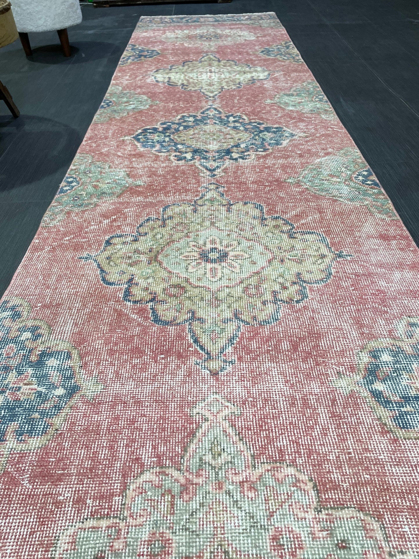 Muted Hand Knotted Runner Rug, Handmade Runner 2.11 x 12.5 Rug, WOOL Oushak Runner Rug, Rustic Rug Runner, Turkish Runner, Vintage Runner