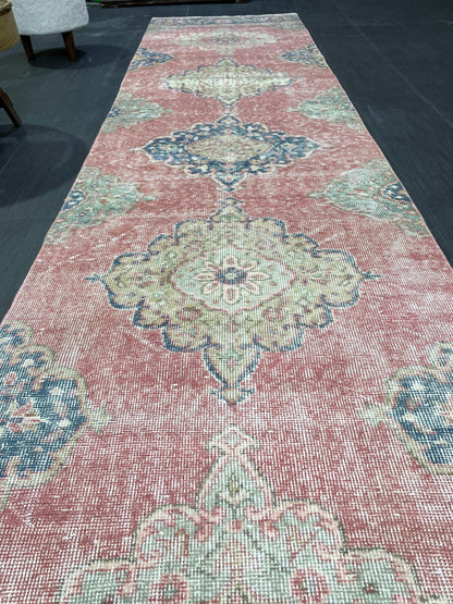 Muted Hand Knotted Runner Rug, Handmade Runner 2.11 x 12.5 Rug, WOOL Oushak Runner Rug, Rustic Rug Runner, Turkish Runner, Vintage Runner