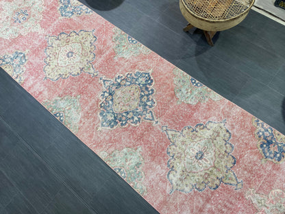 Muted Hand Knotted Runner Rug, Handmade Runner 2.11 x 12.5 Rug, WOOL Oushak Runner Rug, Rustic Rug Runner, Turkish Runner, Vintage Runner