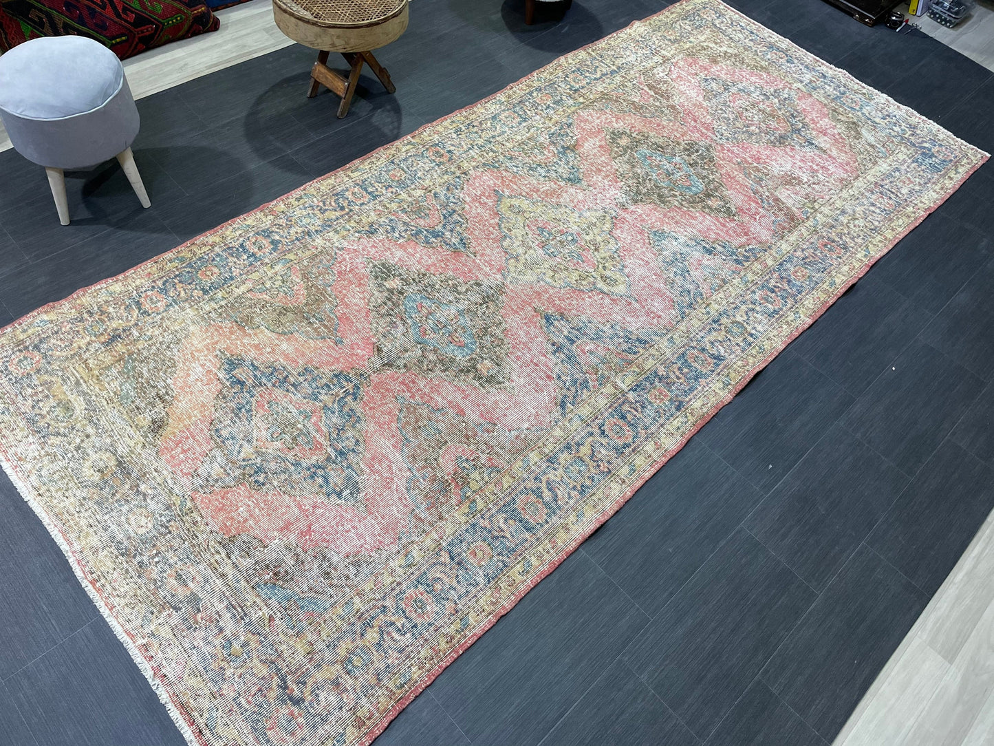 Muted Oriental Runner Rug 4.10 x 11.2 , Turkish Runner Rug, Vintage Runner Rug Hallway Runner Rug Kitchen Runner Rug Persian Wool Runner Rug