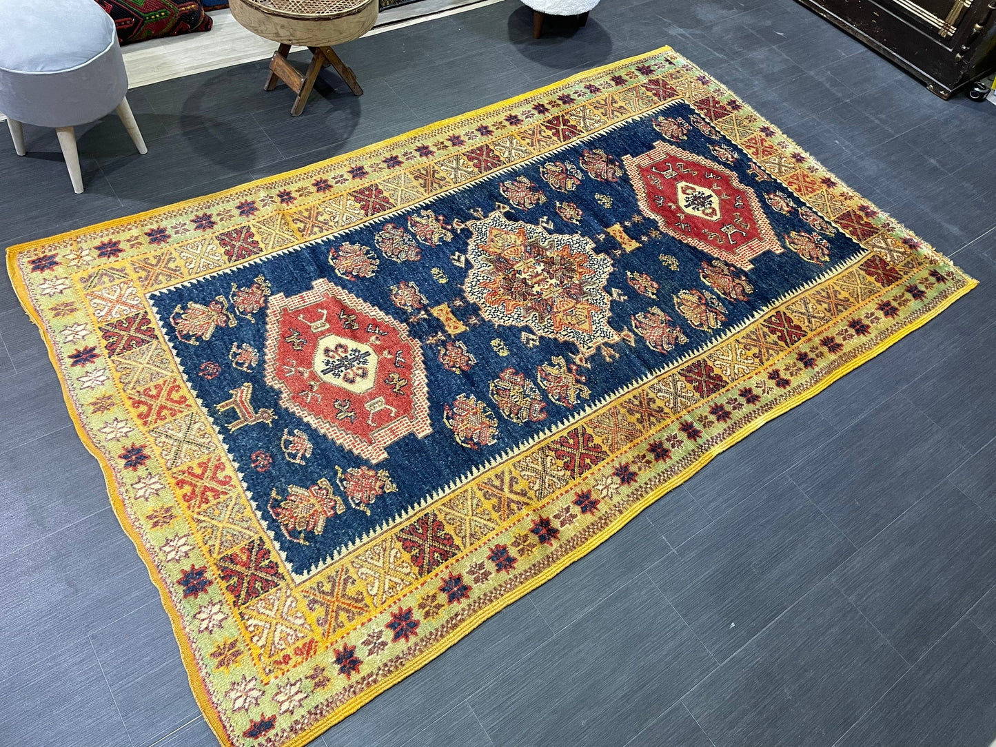 Antique RUG, Turkish Oushak 5 x 8.3 Rug, One Of A Kind Rug, Vintage Persian Rug, Blue Vintage Rug, Fine Wool Unique Rug, Rear Turkish Rug,