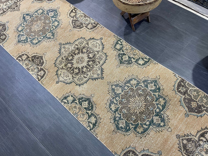 Muted  Handmade Runner Rug, Turkish Runner 2.10 x 13 Rug, Vintage Runner Rug Hallway Runner Rug, Hand Knotted Runner Rug, Persian Runner