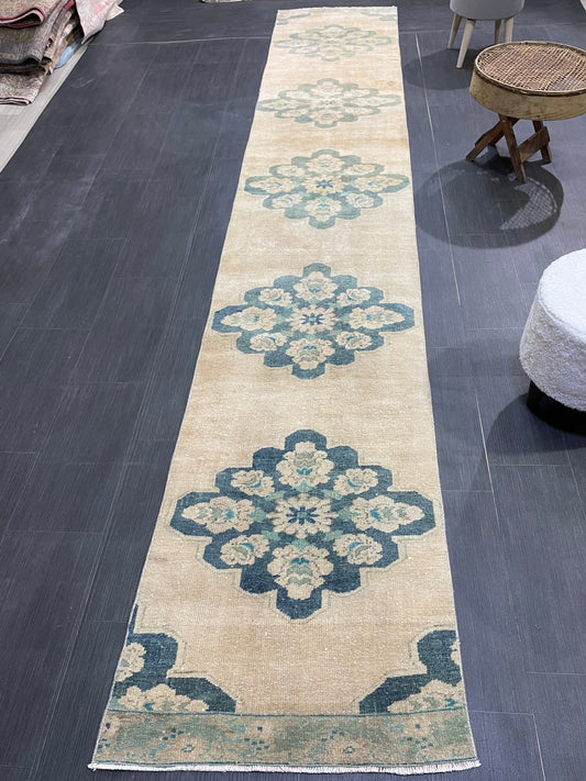 Muted Hand Knotted 2.4 x 13.2 Rug Vintage Runner Oushak Runner Rug Turkish Runner Soft Colors Runner Star Kitchen Runner Natural Wool Runner