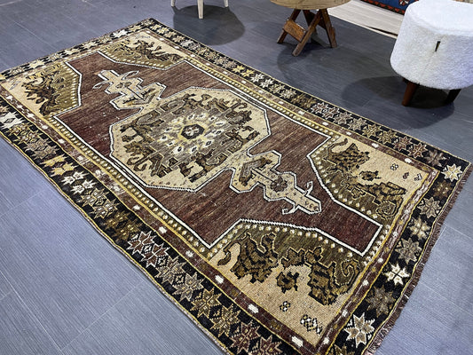 Antique Rug, TURKISH RUG, VINTAGE Rug, Living Room 3.7 x 6.3 Rug, Oushak Rug, Handmade Rug,Brown and Black rug, Persian Rug, farmhouse rug