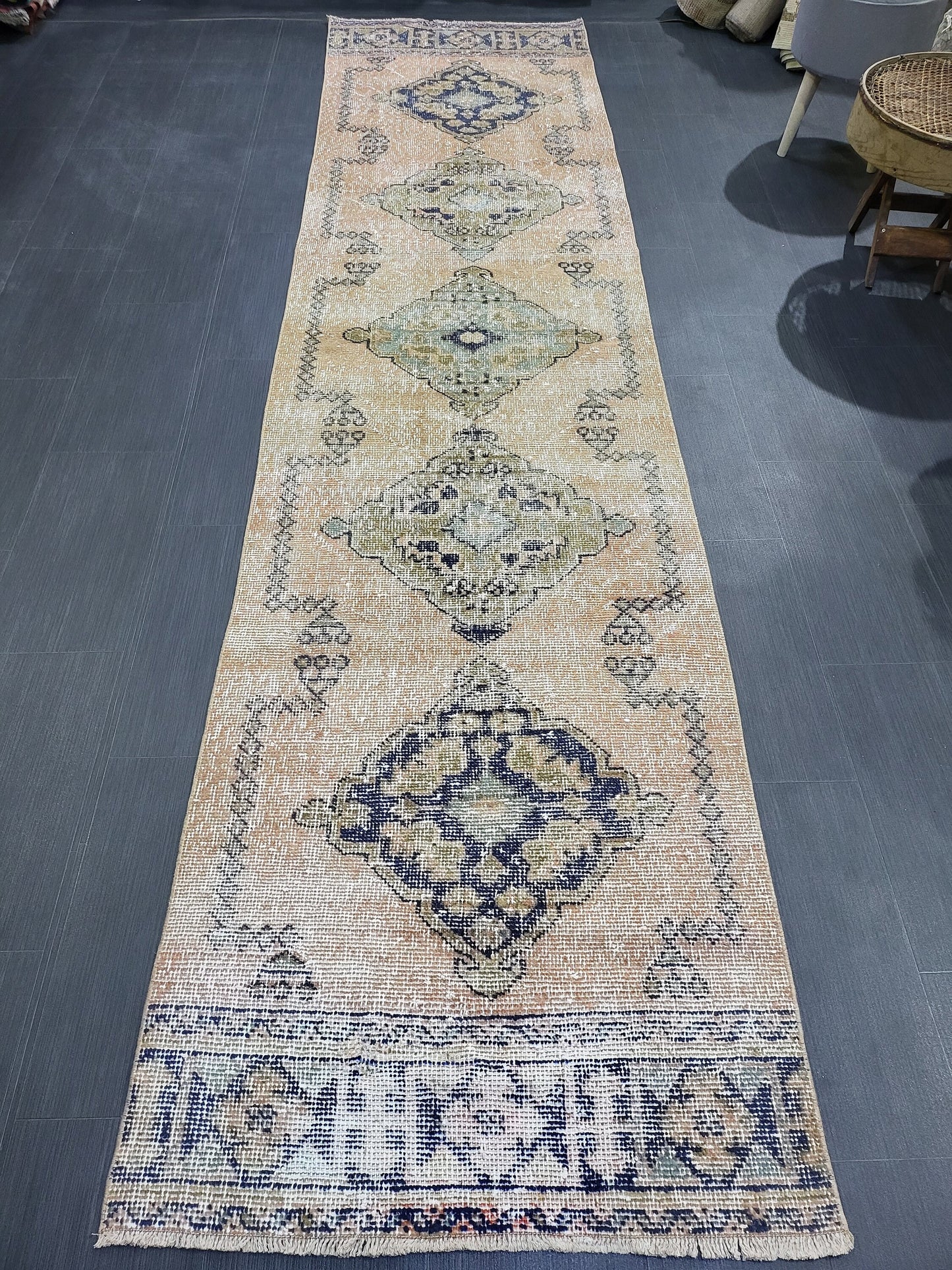 2.9 x 11.4 Low Wool Pile Oushak Runner Rug, Turkish Runner Rug, Vintage Runner Rug, Hallway Runner Rug Kitchen Runner Rug Wool Runner Rug