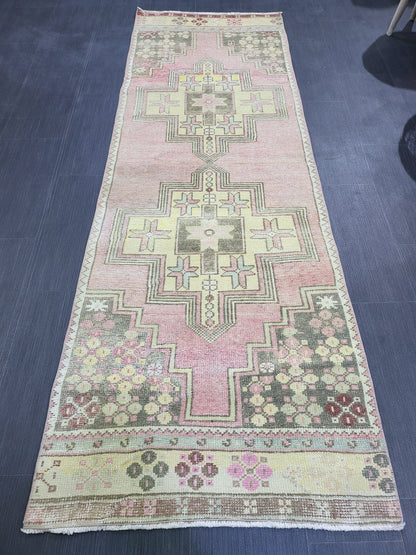 Distressed VINTAGE Rug, Handmade 2.8 x 7.8 Runner Rug, Oushak Rug, Wool Rustic Runner Rug, Antique Runner Rug, Turkish Rug, Short Runner Rug