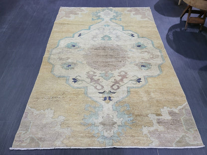 Turkish Rug, Oushak Rug, Wool 4 x 5.8 Oriental Rug, Blue Oushak Vintage Persian Rug, Handmade Rug