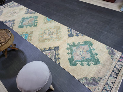 Antique Handmade Runner RUG, TURKISH Oushak 2.10 x 12.7 Rug, Vintage Runner Rug,Vintage Runner Rug Wool Oushak Rug Hand Knotted Rug