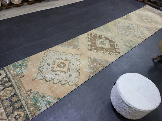 Distressed VINTAGE Rugs, Handmade Runner Rug, Oushak 2.8 x 12.10 Runner Rug, Rustic Runner Rug, Antique Rug, Turkish Rug, Farmhouse Rug,