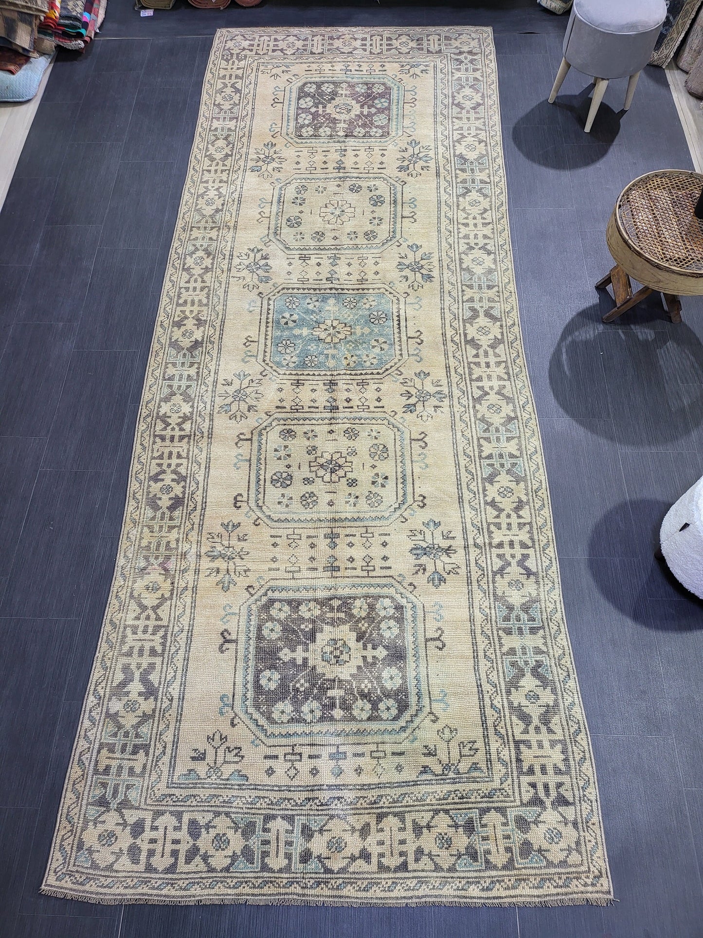 Muted Oushak Runner Rug, Turkish Runner 4.6 x 12 Rug, Vintage Runner Rug, Muted Hallway Runner Rug, Kitchen Runner Rug, Wool Handknotted Rug