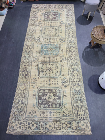 Muted Oushak Runner Rug, Turkish Runner 4.6 x 12 Rug, Vintage Runner Rug, Muted Hallway Runner Rug, Kitchen Runner Rug, Wool Handknotted Rug