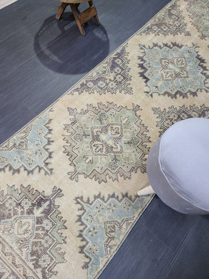 Antique Oushak Runner Rug,Turkish Runner Rug, Vintage Runner 2.8 x 11.2 Rug, Hallway Runner Rug, Grey Blue Oriental Runner Rug