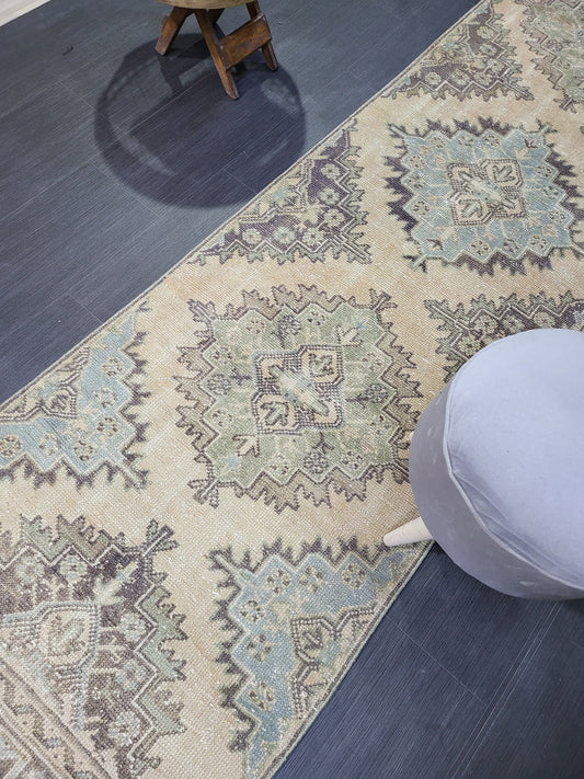 Antique Oushak Runner Rug,Turkish Runner Rug, Vintage Runner 2.8 x 11.2 Rug, Hallway Runner Rug, Grey Blue Oriental Runner Rug