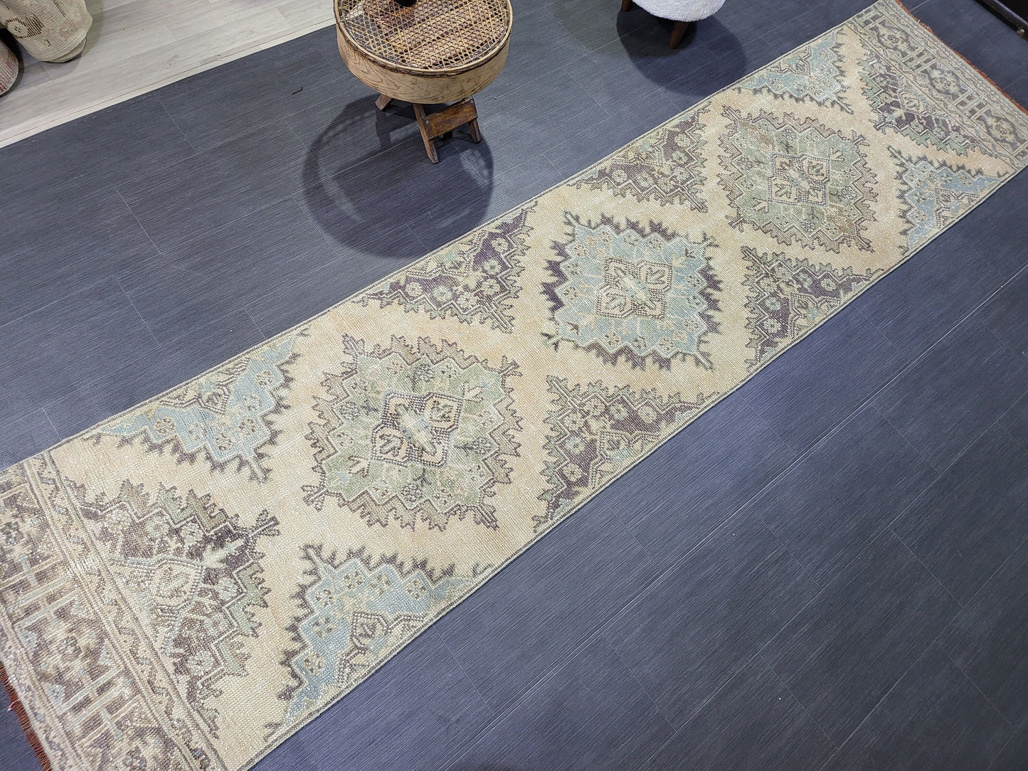 Antique Oushak Runner Rug,Turkish Runner Rug, Vintage Runner 2.8 x 11.2 Rug, Hallway Runner Rug, Grey Blue Oriental Runner Rug