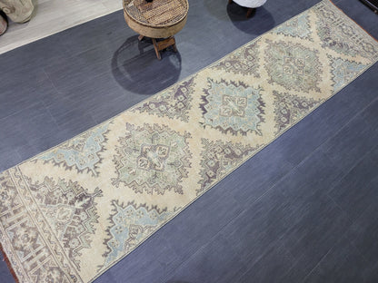 Antique Oushak Runner Rug,Turkish Runner Rug, Vintage Runner 2.8 x 11.2 Rug, Hallway Runner Rug, Grey Blue Oriental Runner Rug