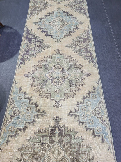 Antique Oushak Runner Rug,Turkish Runner Rug, Vintage Runner 2.8 x 11.2 Rug, Hallway Runner Rug, Grey Blue Oriental Runner Rug