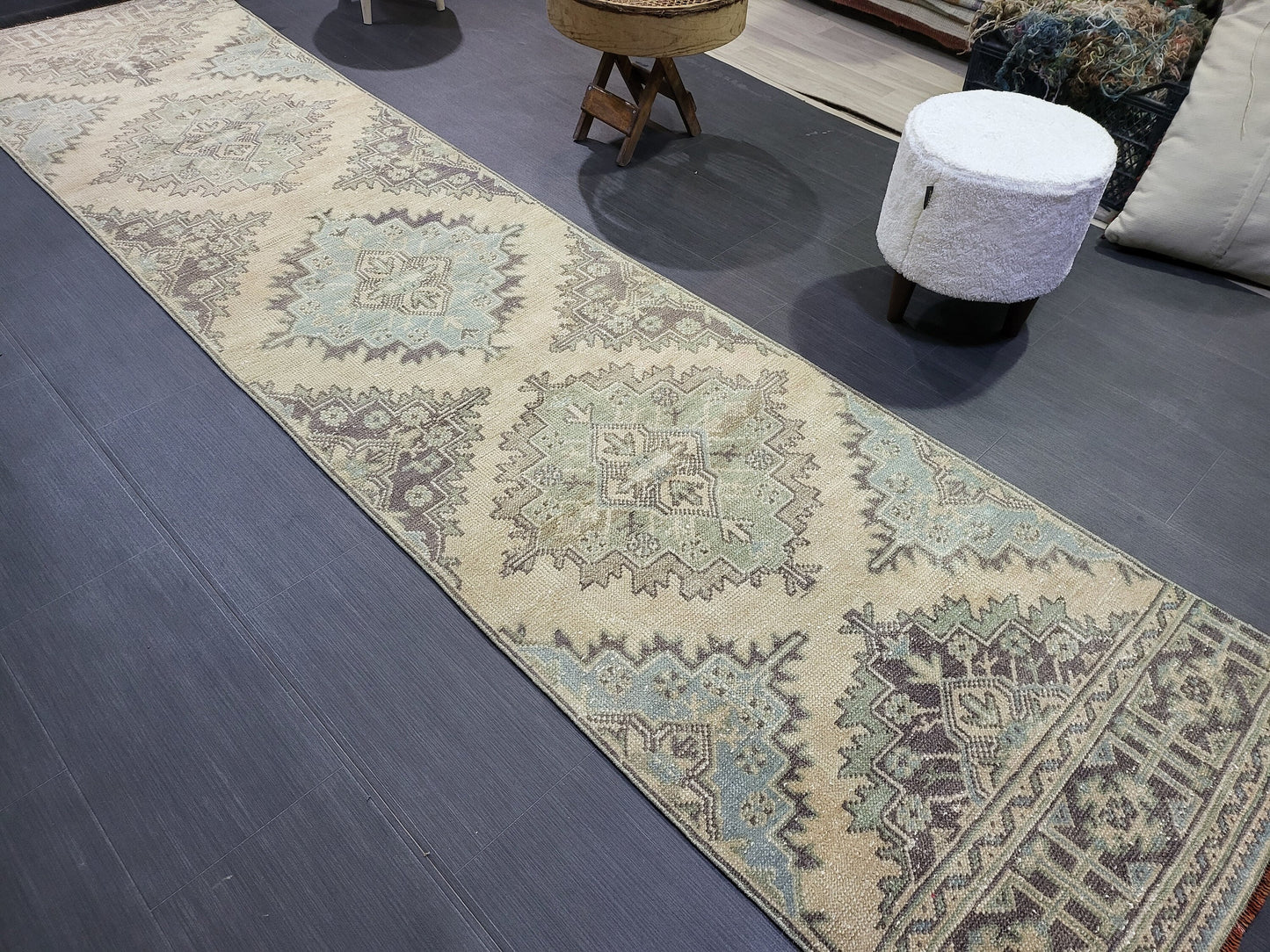 Antique Oushak Runner Rug,Turkish Runner Rug, Vintage Runner 2.8 x 11.2 Rug, Hallway Runner Rug, Grey Blue Oriental Runner Rug