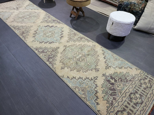Antique Oushak Runner Rug,Turkish Runner Rug, Vintage Runner 2.8 x 11.2 Rug, Hallway Runner Rug, Grey Blue Oriental Runner Rug