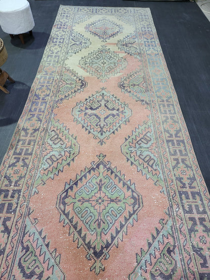 Hand Knotted Runner Rug, Turkish 4.4 x 11.10 Runner Rug, Vintage Runner Rug, Hallway Runner Rug, Persian Runner Rug Wool Runner Rug