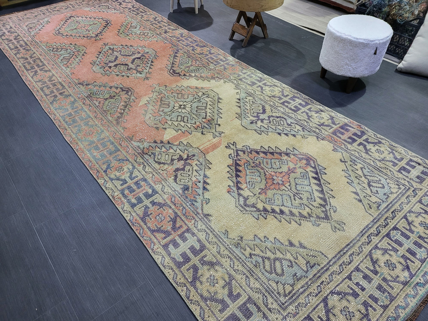 Hand Knotted Runner Rug, Turkish 4.4 x 11.10 Runner Rug, Vintage Runner Rug, Hallway Runner Rug, Persian Runner Rug Wool Runner Rug