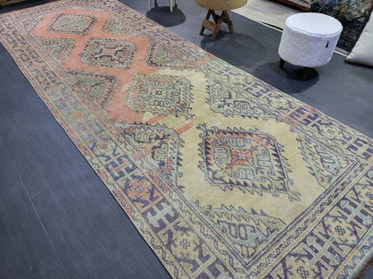 Hand Knotted Runner Rug, Turkish 4.4 x 11.10 Runner Rug, Vintage Runner Rug, Hallway Runner Rug, Persian Runner Rug Wool Runner Rug