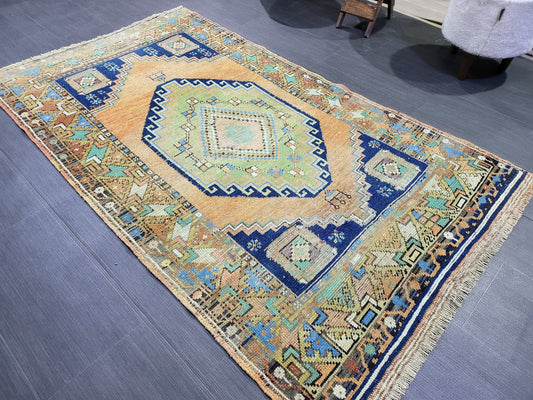 OUSHAK RUG, TURKISH 3.6 x 6 Rug, Vintage Oushak Rug, Vintage Rug, Wool Hand Knotted Rug, Handmade Blue Rugs, Vintage Turkish Rug